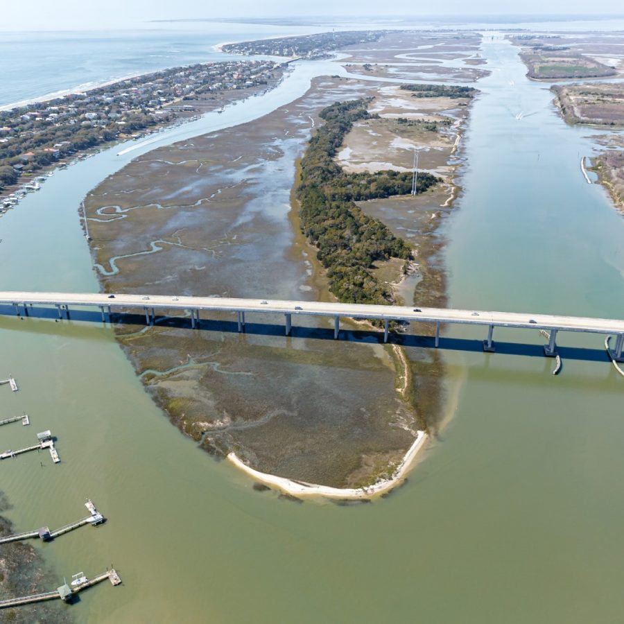 Isle of Palms Connector Bridge, South Carolina. Aerial landscape of narrows and islands.